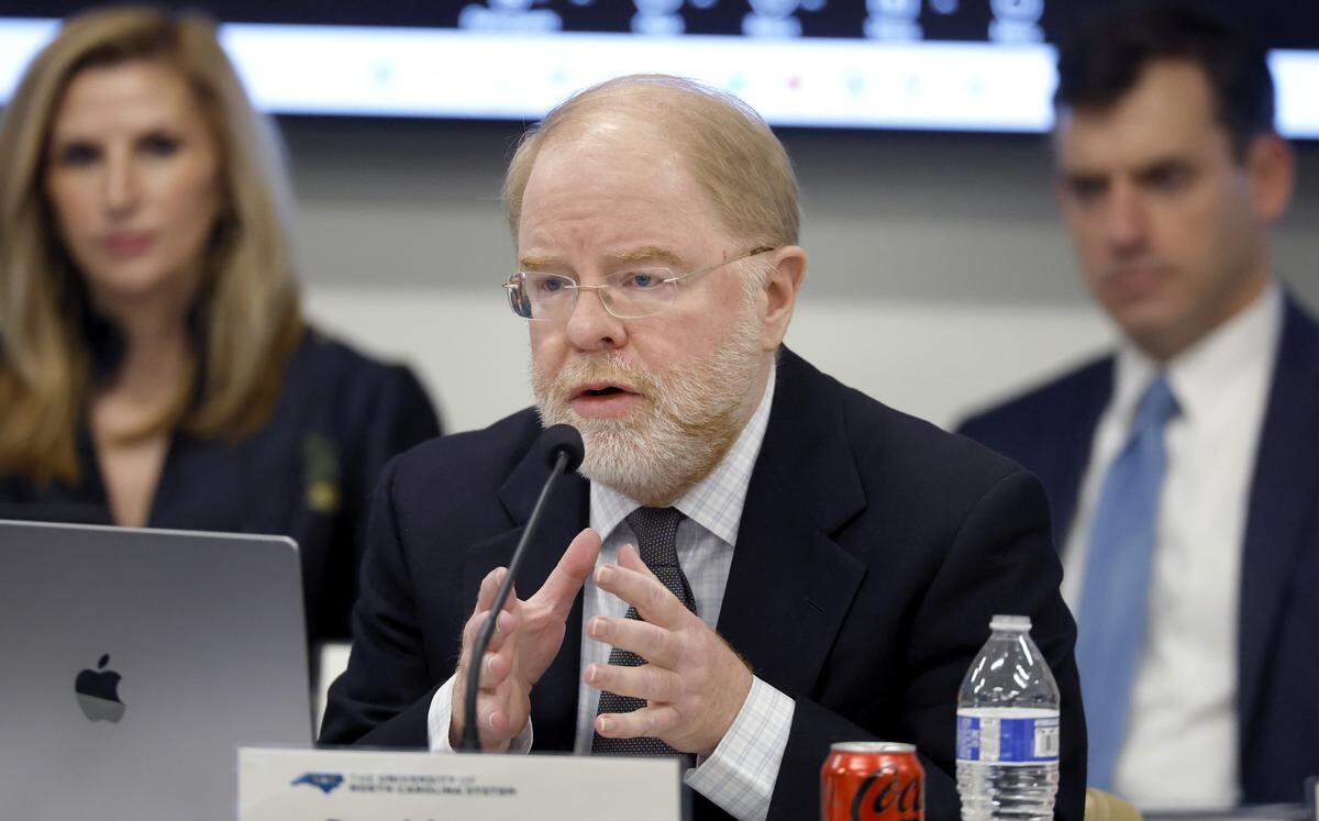 Peter Hans, president of the University of North Carolina system, speaks during a meeting of UNC Board of Governors in Raleigh, N.C., Thursday, Feb. 26, 2026.