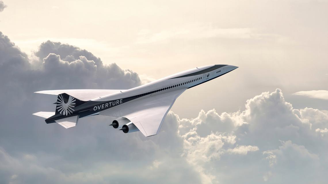 A rendering of Boom Supersonic’s Overture passenger jet, which will be able to seat 65-88 passengers, be net-zero on carbon emissions, travel at Mach 1.7 at a cruising altitude of 60,000 feet.