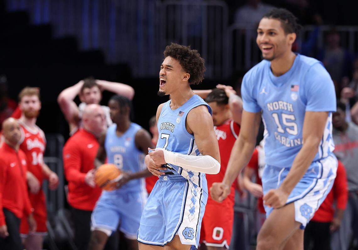 Seth Trimble (7) of the North Carolina Tar Heels reacts after their 71-70 win over the Ohio State Buckeyes at State Farm Arena on December 20, 2025 in Atlanta, Georgia. 