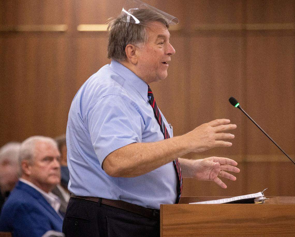 Former legislator Paul Stam speaks against SB 711, the NC Compassionate Care Act, which would legalize medical marijuana in North Carolina, during a Senate committee meeting on Thursday, August 26, 2021 at the Legislative Office Building in Raleigh, N.C.