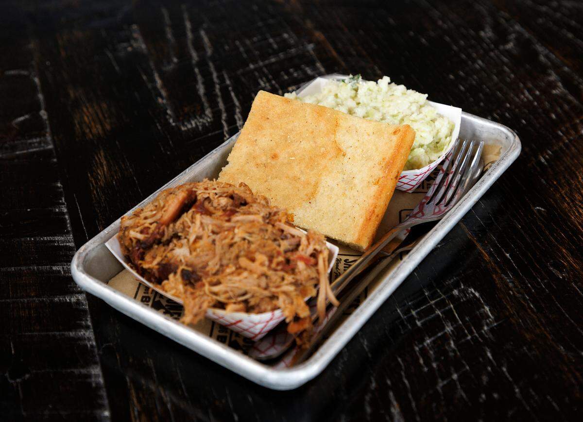 A barbecue tray from Sam Jones BBQ in Raleigh, one of the restaurants that offers delivery through Uber Eats, DoorDash and Grubhub.