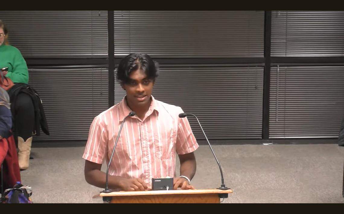 Rohit Kumar, a student at Green Level High School, organized speakers to lobby for boys high school volleyball at the Wake County school board meeting in Cary. N.C., on Dec. 3, 2024.