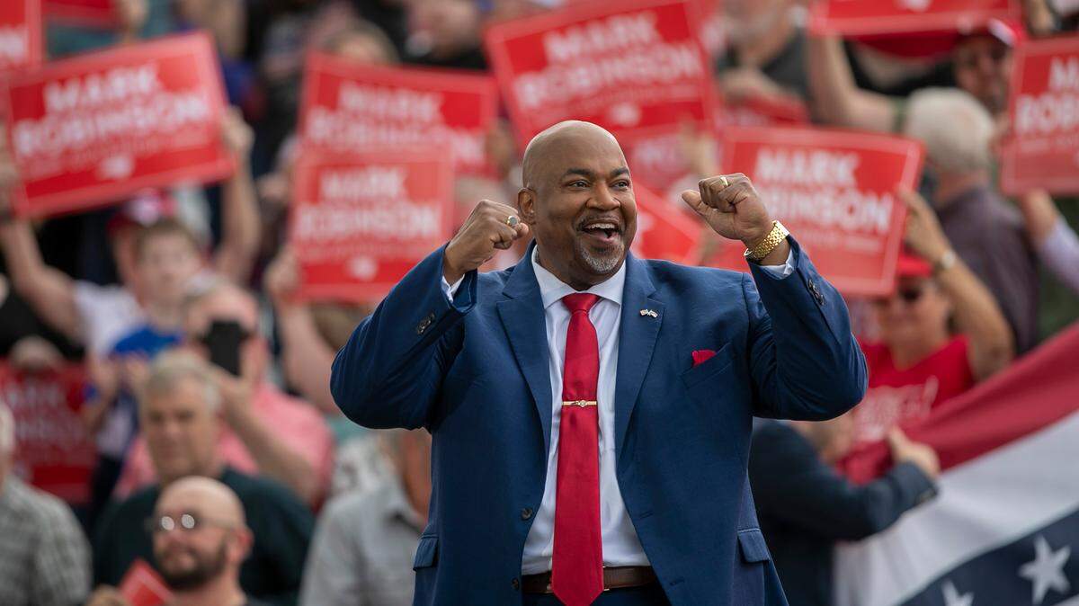 North Carolina Lt. Governor Mark Robinson arrives for a rally where he announced his candidacy for North Carolina Governor on Saturday, April 22, 2023 at Ace Speedway in Elon, N.C.