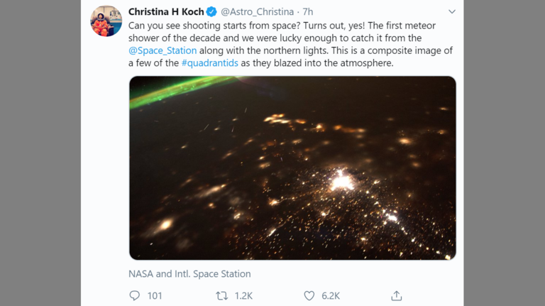 NASA astronaut Christina Koch shares view of meteor shower, northern lights from space