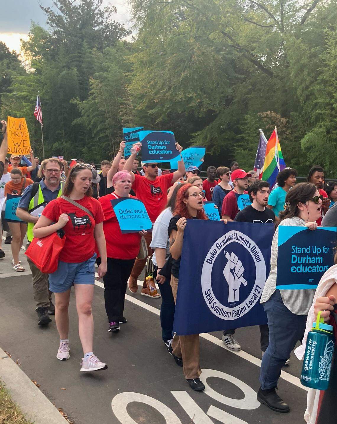 Members of the Durham community marched and took part in a rally Sept. 25, 2025, organized by the Durham Rising coalition, near the Duke University campus. Participants called upon Duke’s administration to invest more into the city and families as well as raise pay for Duke workers.