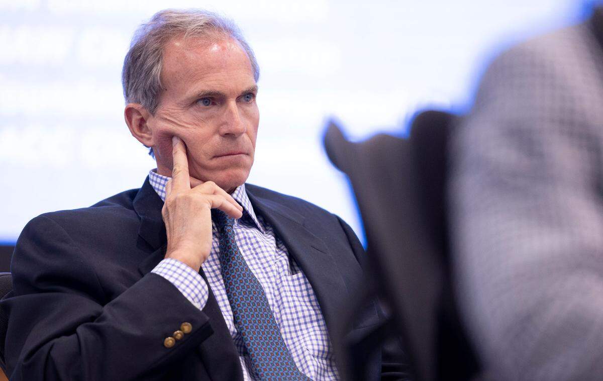 UNC Board of Trustees chair John Preyer listens during a presentation by North Carolina Athletic Director Bubba Cunningham on May 21, 2025 in Chapel Hill.