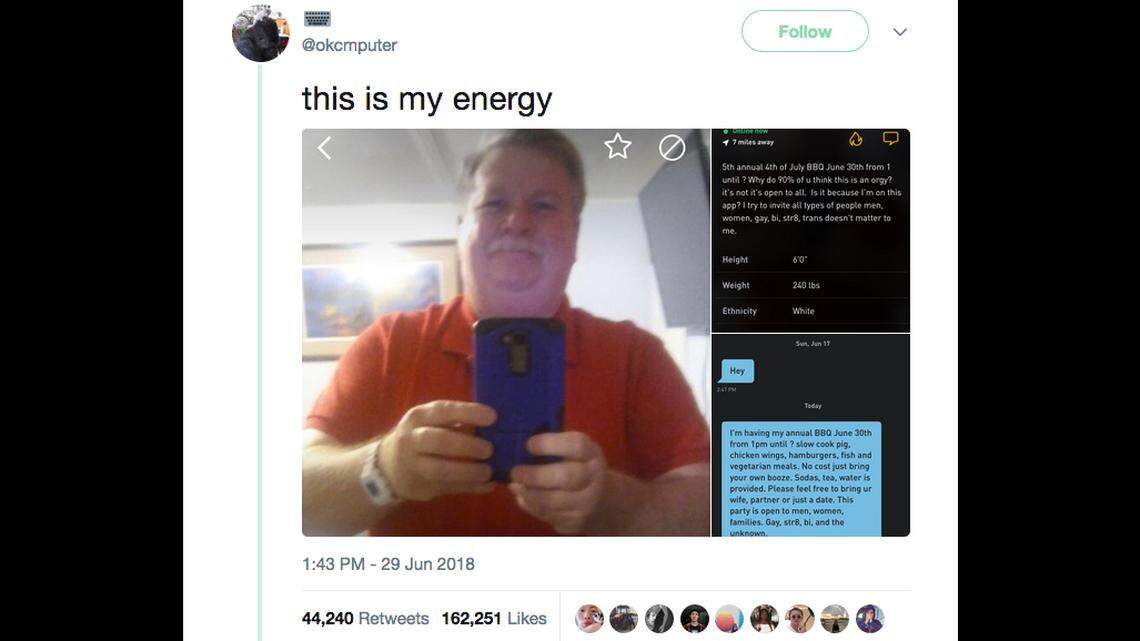 A screenshot of a viral tweet referencing an Apex, N.C., man's Fourth of July party promoted over the gay meet-up app Grindr.