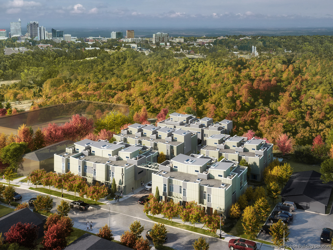 An aerial rendering of Urban Place at Five Points, a project featuring 18 luxury townhouses in one of the Raleigh’s most coveted neighborhoods.