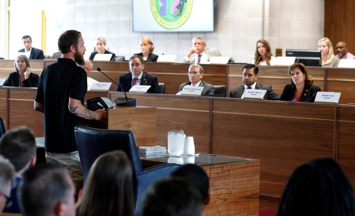 James Rodriguez, an Army veteran, speaks in support of medical marijuana during a Senate Judiciary hearing at the Legislative Building in Raleigh, N.C., Wednesday, June 30, 2021.