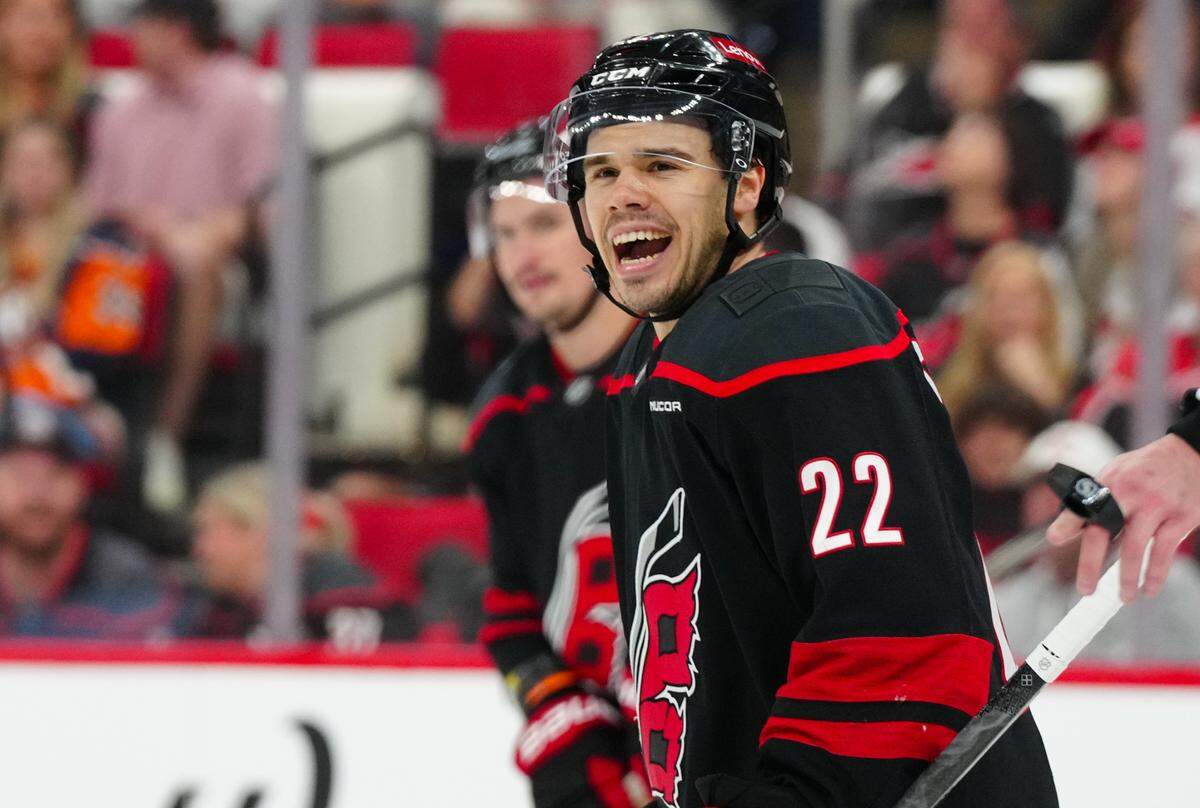 Carolina Hurricanes center Logan Stankoven (22) reacts against the New York Islanders during the first period at Lenovo Center.