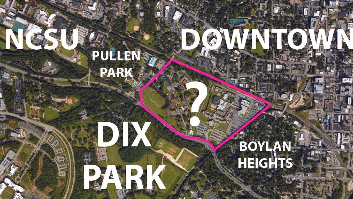 An aerial image of Central Prison and Morehead School for the Blind site's location adjacent to Dix Park, Pullen Park and downtown Raleigh.