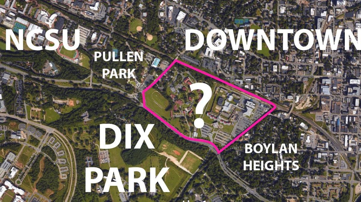 An aerial image of Central Prison and Morehead School for the Blind site's location adjacent to Dix Park, Pullen Park and downtown Raleigh.