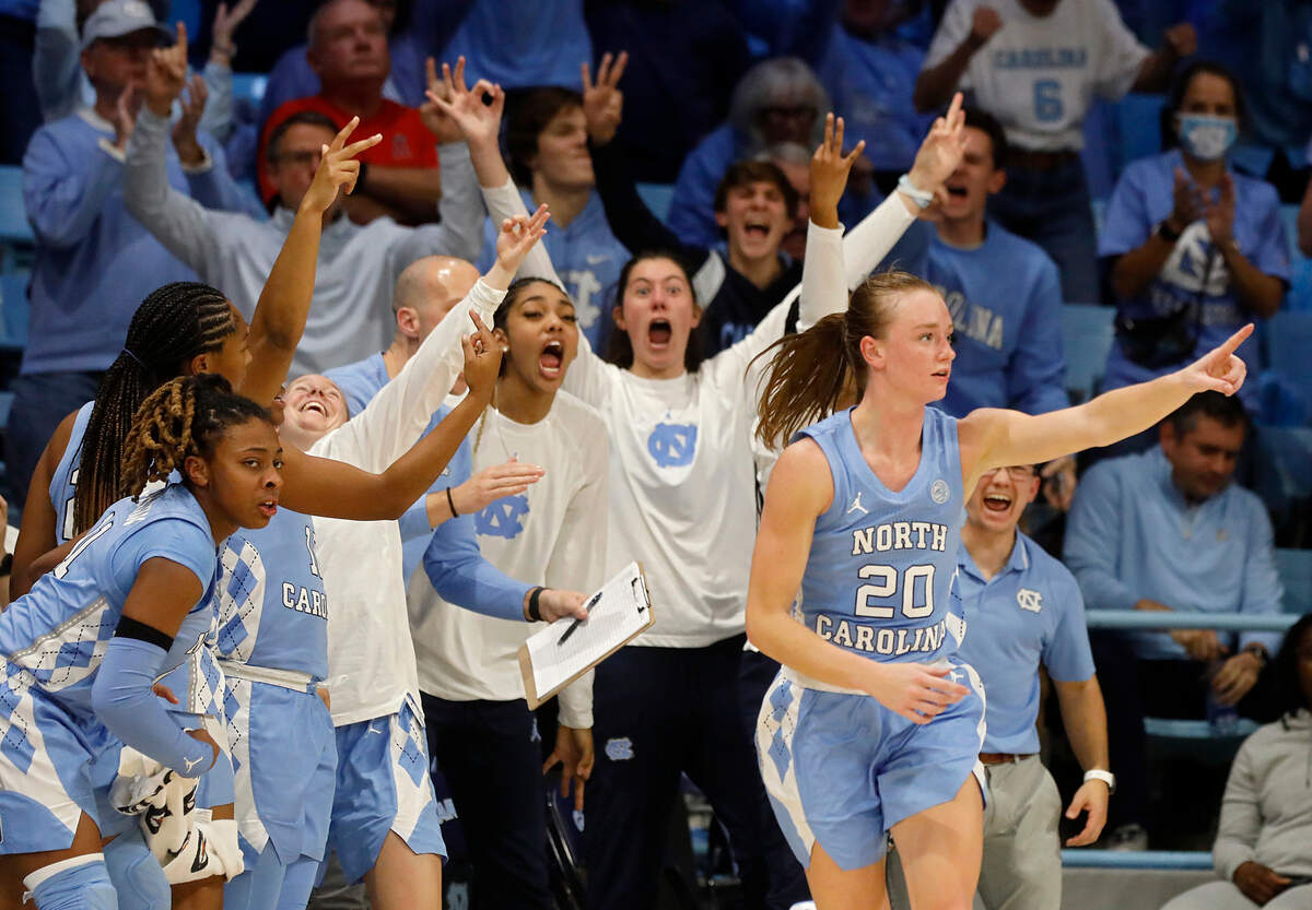 The North Carolina bench reacts after Lexi Donarski (20) made a three-point basket during the second half of the Tar Heels’ 65-58 loss to South Carolina on Thursday, Nov. 30, 2023, at Carmichael Arena in Chapel Hill, N.C.