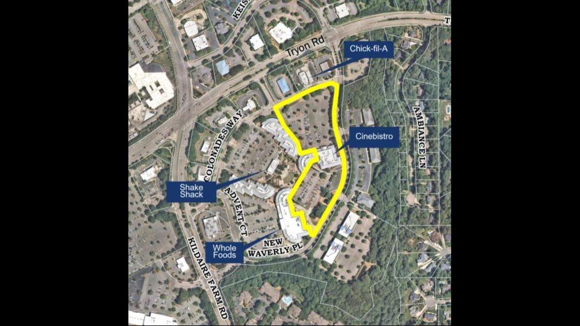 The Cary Town Council rezoned a portion of Waverly Place to allow up to seven stories for aparments after the current movie theater location.