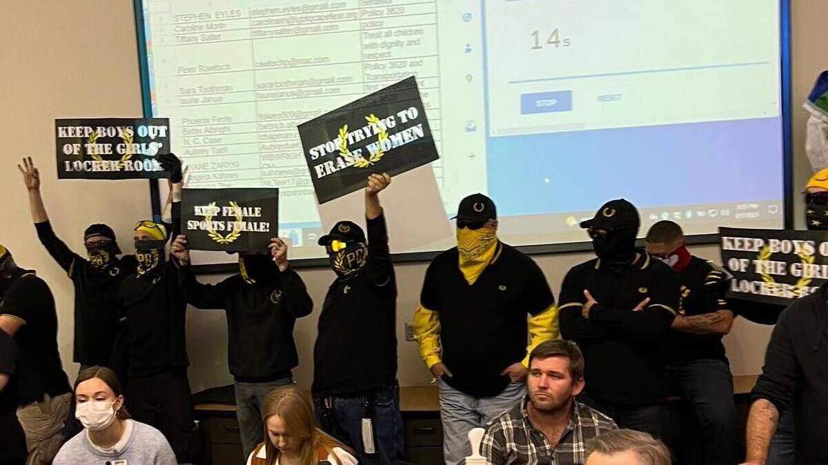 A photo depicting some of the Proud Boys who attended the New Hanover County school board meeting earlier this week.