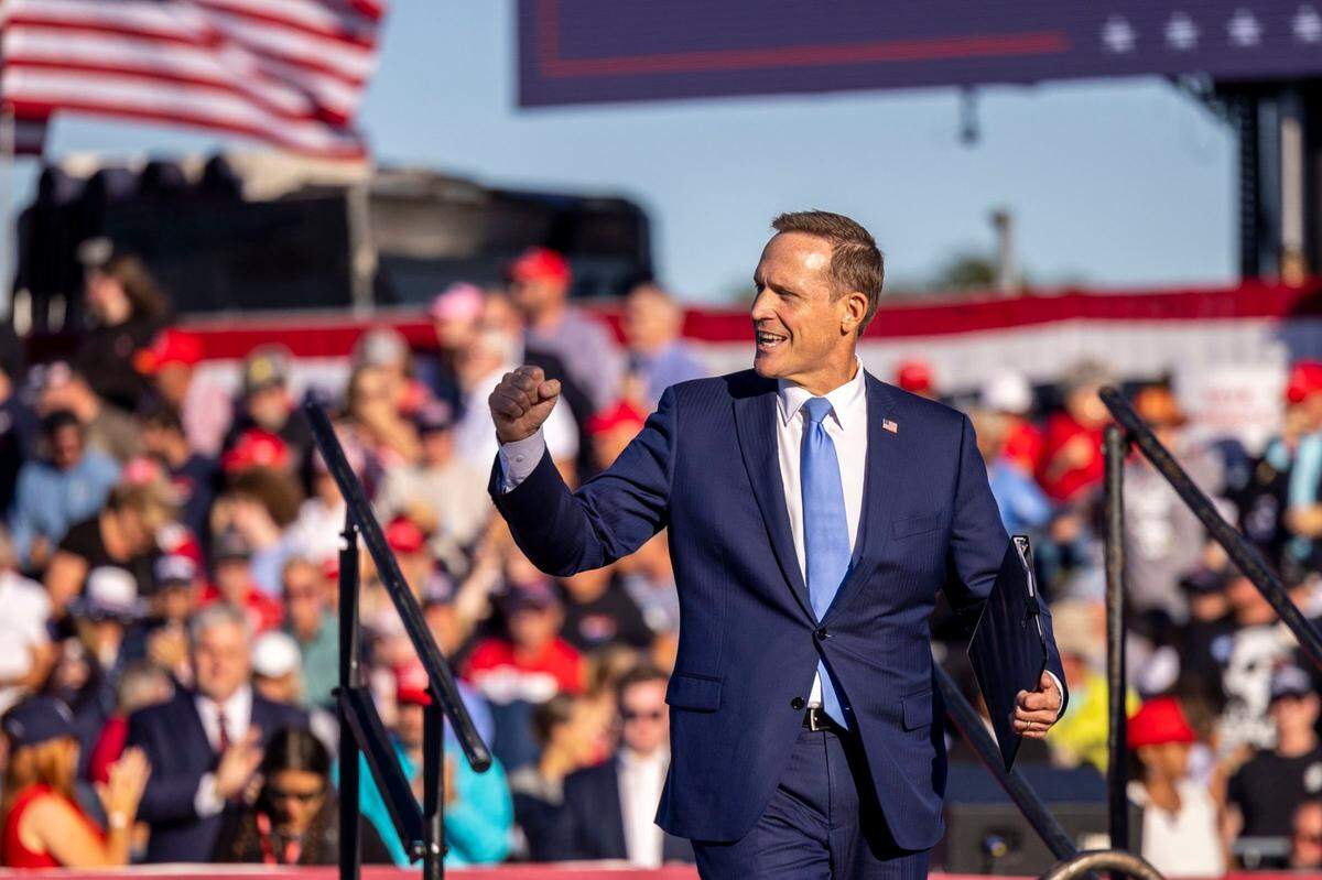 District 13 U.S. Rep. and U.S. Senate candidate Ted Budd takes the leaves the stage during a rally featuring former president Donald Trump at Wilmington International Airport Friday, Sept. 23, 2023.