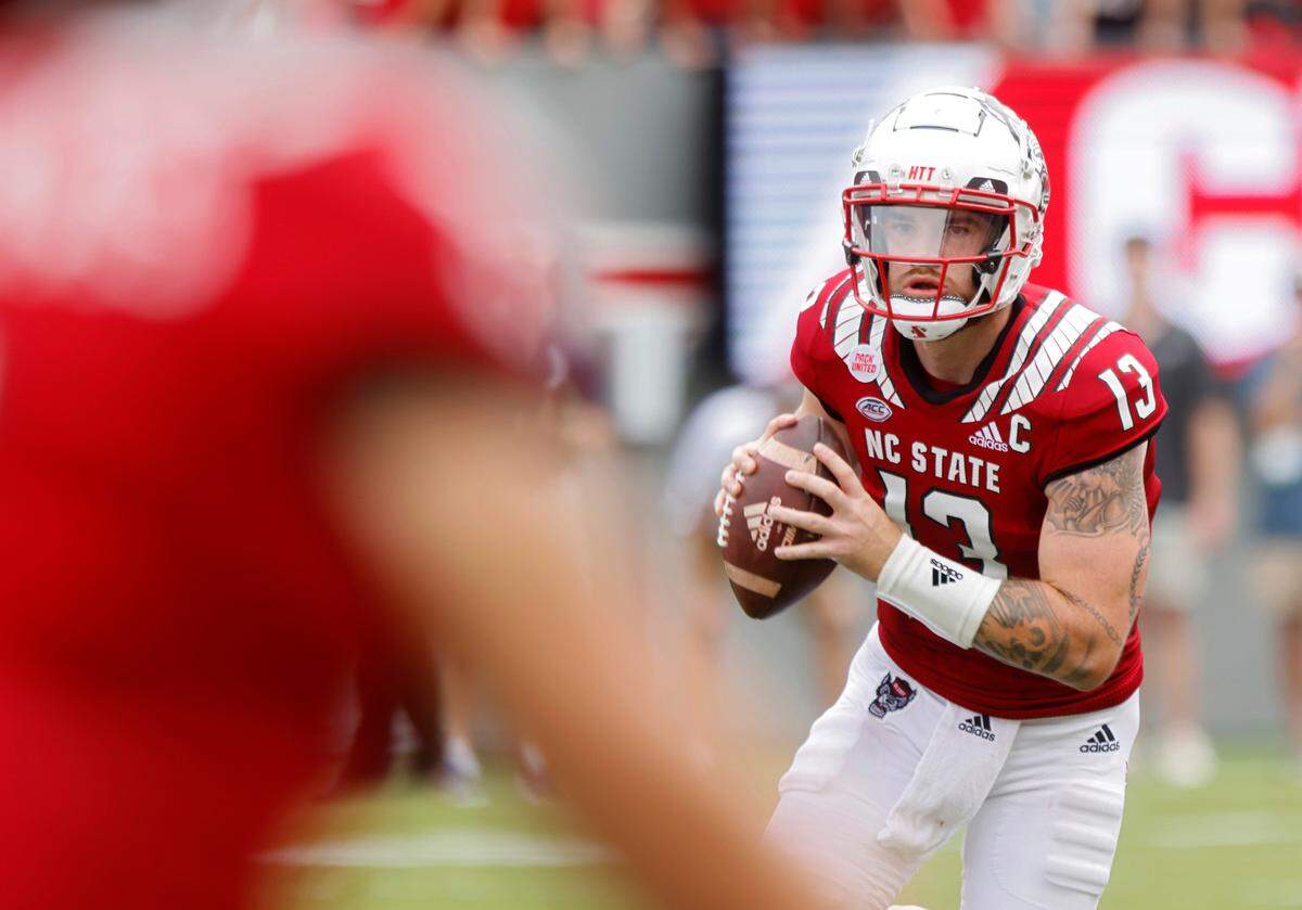 N.C. State quarterback Devin Leary looks to throw during the first half of the Wolfpack’s game against Charleston Southern on Saturday, Sept. 10, 2022, at Carter-Finley Stadium in Raleigh, N.C.