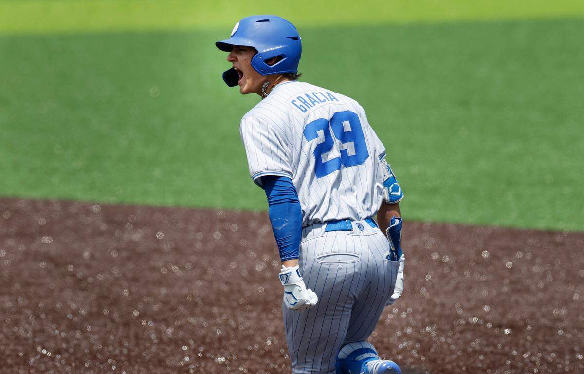 Duke’s AJ Gracia (29) celebrates hitting a home run in the first inning during Duke’s game against Murray St. in the second game of Durham Super Regional at Jack Coombs Field in Durham, N.C., Sunday, June 8, 2025.