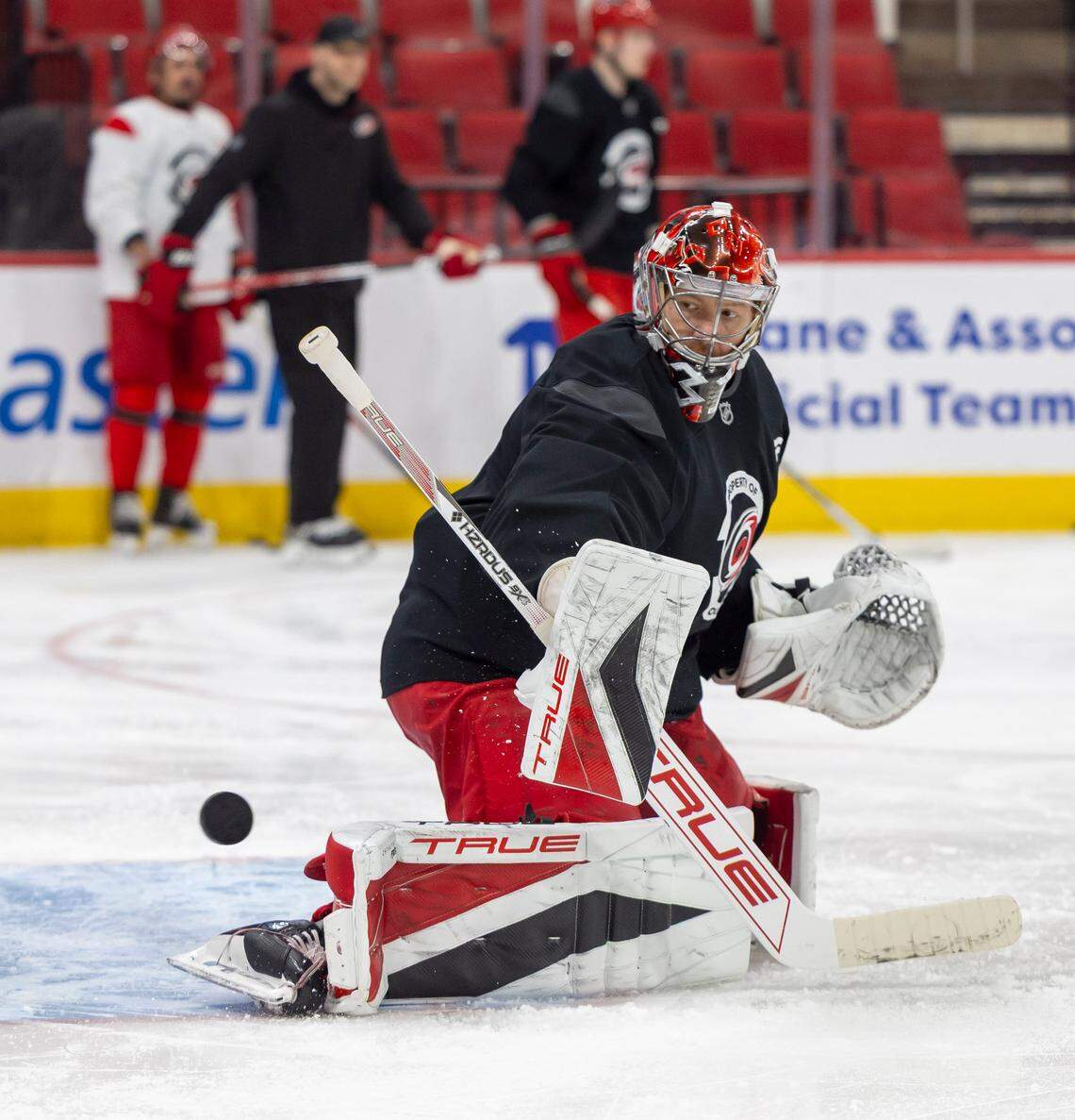 Carolina Hurricanes goalie Frederik Andersen (31) works out with the team during practice on Friday, May 2, 2025 at Lenovo Center in Raleigh, N.C. Andersen missed Game 5 against the New Jersey Devils after suffering an injury in Game 4. 