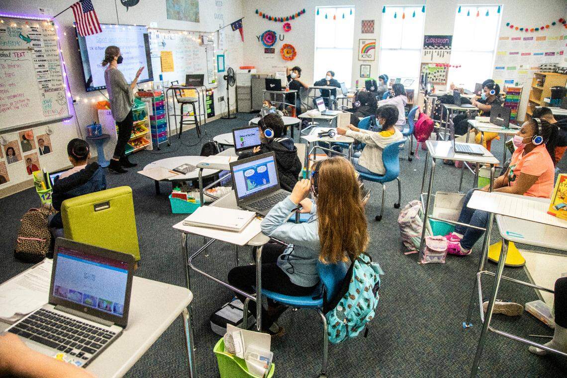 Green Elementary School, fourth-graders attend in-person classes Monday, March 15, 2021 at the Raleigh school. Monday marked the first day of daily in-person instruction in a year for Wake fourth and fifth-grade students.