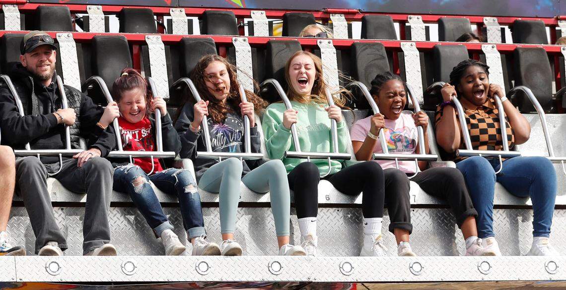 Riders enjoy the Rock Star ride at the North Carolina State Fair in Raleigh, N.C., Sunday, Oct. 23, 2022.