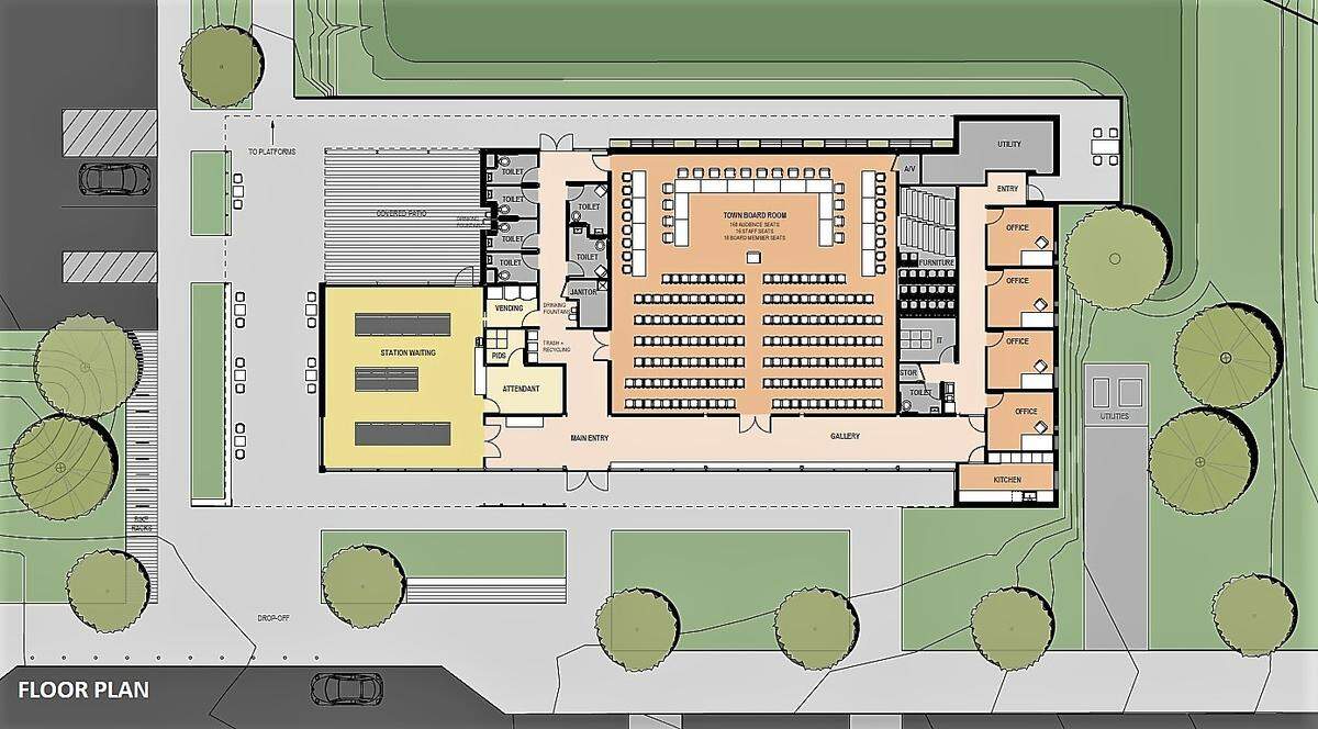 The draft floor plan for an Amtrak train station in Hillsborough includes ticket, office and waiting areas for rail passengers, but also shows a future town board room with seating for over 200 people and smaller public meeting spaces.