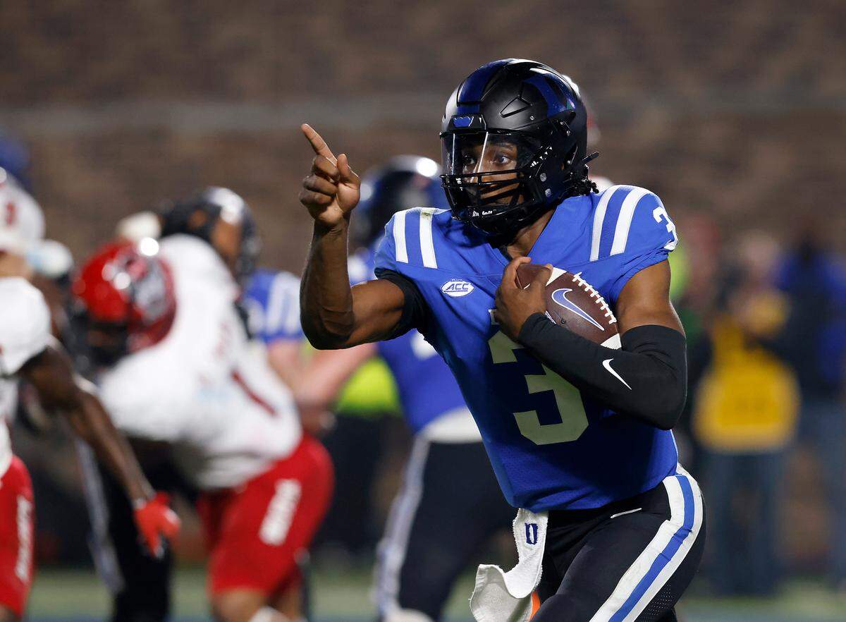 Duke’s Henry Belin IV motions as he runs the ball during the first half of the Blue Devils’ 24-3 win over N.C. State on Saturday, Oct. 14, 2023, at Wallace Wade Stadium in Durham, N.C.