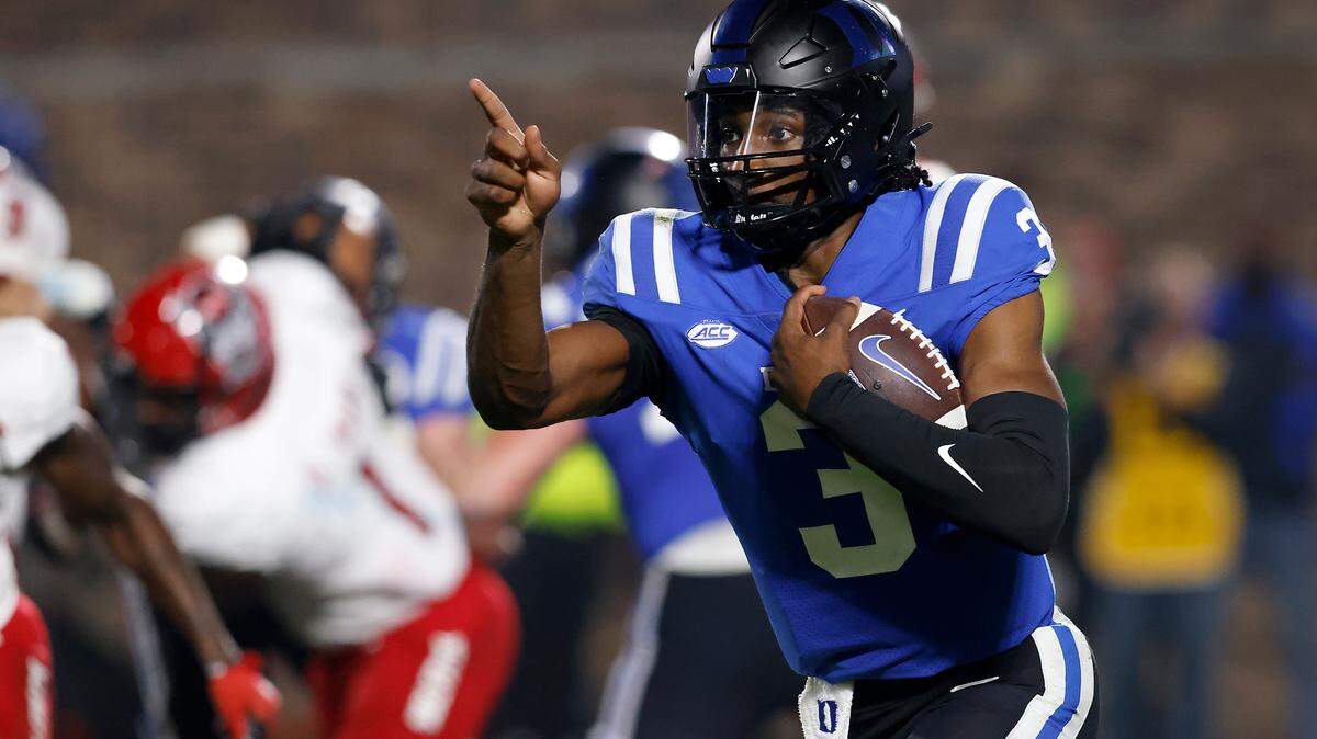 Duke’s Henry Belin IV motions as he runs the ball during the first half of the Blue Devils’ 24-3 win over N.C. State on Saturday, Oct. 14, 2023, at Wallace Wade Stadium in Durham, N.C.