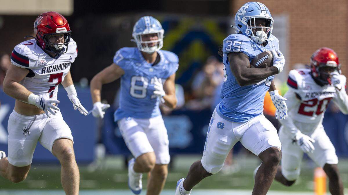 North Carolina running back Demon June (35) breaks open for a 50-yard gain in the first quarter against Richmond on Saturday, September 13, 2025 at Kenan Stadium in Chapel Hill, N.C.