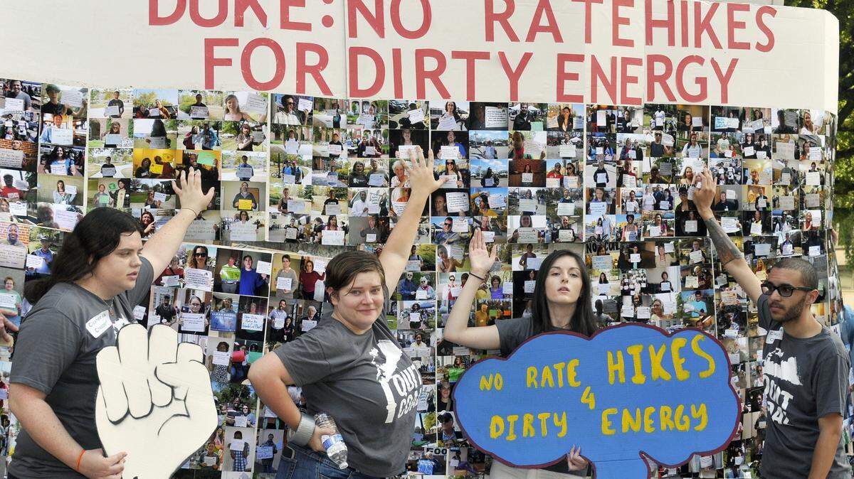 NC WARN is among the protesters that show up at a public hearings on Duke Energy's rate hike requests. In this file photo from 2013, a public hearing on that year's rate request brought Greenpeace, AARP, Consumers Against Rate Hikes and NC WARN protesters to the Mecklenburg County Courthouse.