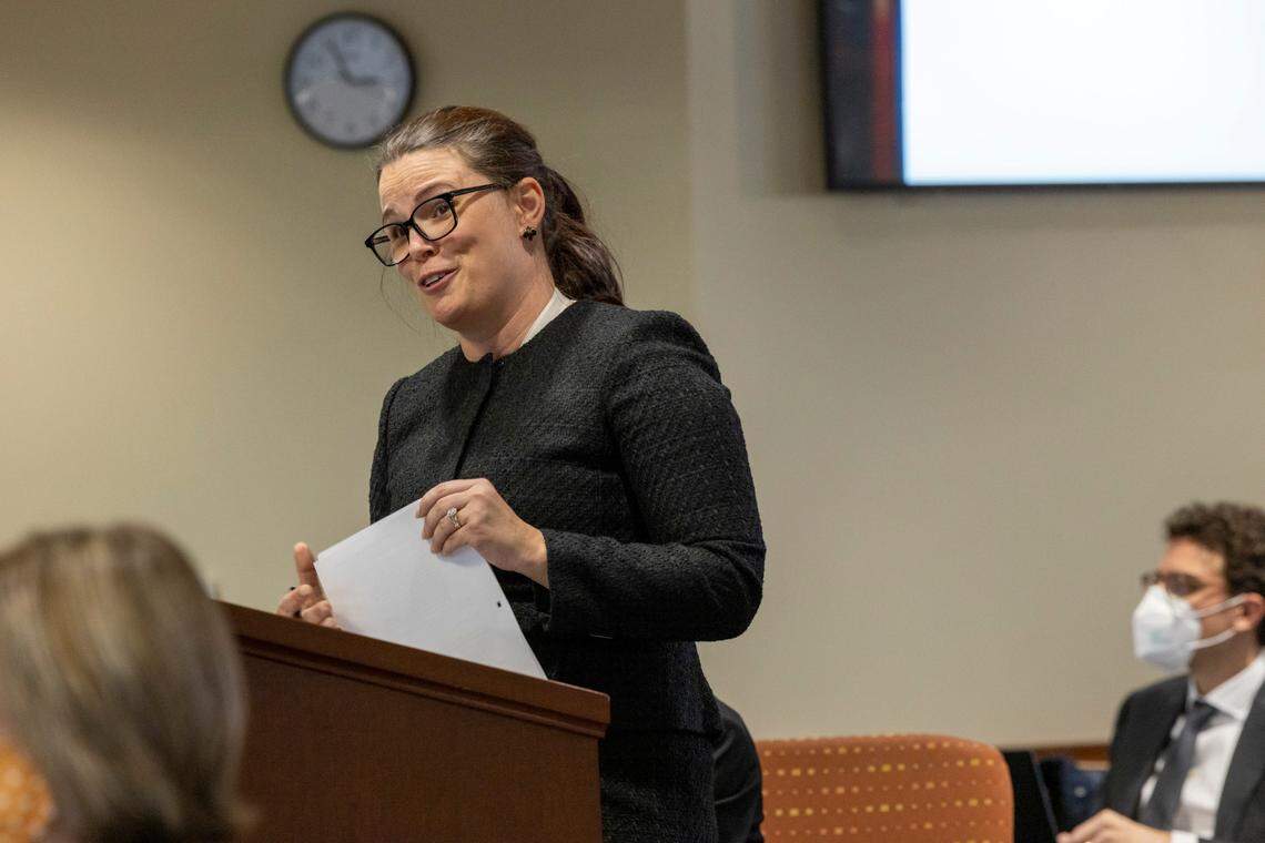 Allison Riggs, an attorney for some of the liberal challengers seeking to have North Carolina’s new political maps ruled unconstitutional, questions Rep. Destin Hall , a top Republican redistricting official, not pictured, during a partisan gerrymandering trial Wednesday, Jan. 5, 2022 at Campbell University School of Law in Raleigh, NC.