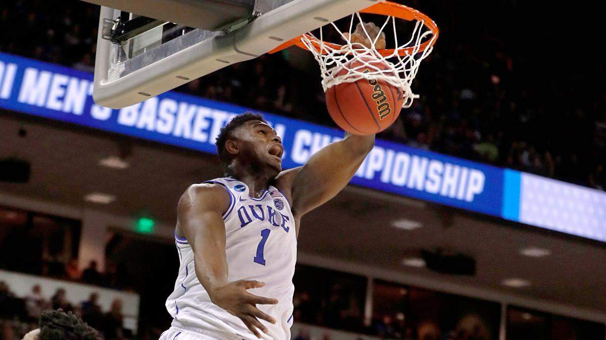 Duke’s Zion Williamson (1) slams in two during the second half of Duke’s 85-62 victory over North Dakota State in the first round of the NCAA Men’s Basketball Championship in Columbia, S.C., Friday, March 22, 2019.