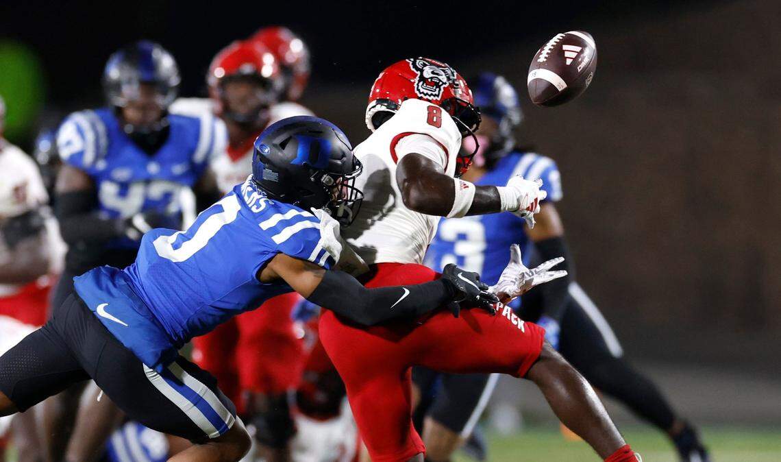 N.C. State wide receiver Julian Gray (8) can’t pull in a pass while defended by Duke cornerback Chandler Rivers (0) during the first half of N.C. State’s game against Duke at Wallace Wade Stadium in Durham, N.C., Saturday, Oct. 14, 2023.