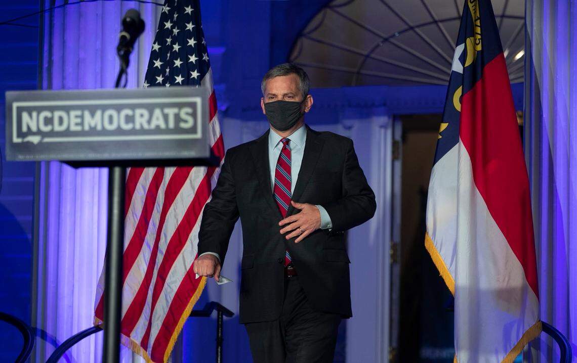 North Carolina Attorney General Josh Stein arrives to declare victory in his race at the North Carolina Democratic Party Headquarters on Tuesday, November 3, 2020 in Raleigh, N.C