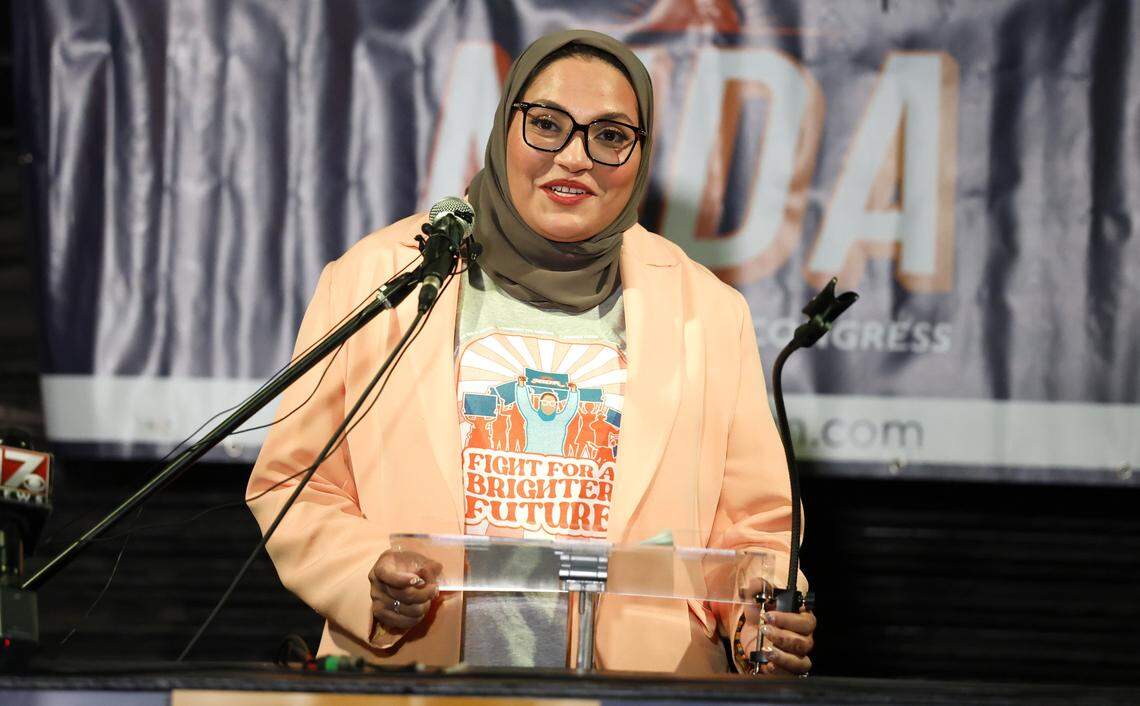 Nida Allam speaks during an election night party for her in Durham, N.C., Tuesday, March  3, 2026.