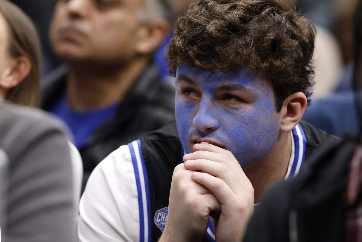 A Duke fan watches during the second half of UConn’s 73-72 victory over Duke in the NCAA Men’s Tournament East Regional Final at Capital One Arena in Washington, D.C., Sunday, March 29, 2026.