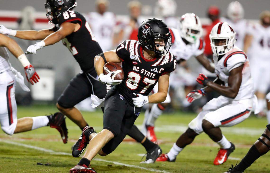 N.C. State’s Thayer Thomas (87) runs the ball back for a 76-yard touchdown on a punt return during the second half of N.C. State’s 34-23 victory over Ball State at Carter-Finley Stadium in Raleigh, N.C. Saturday, Sept. 21, 2019.
