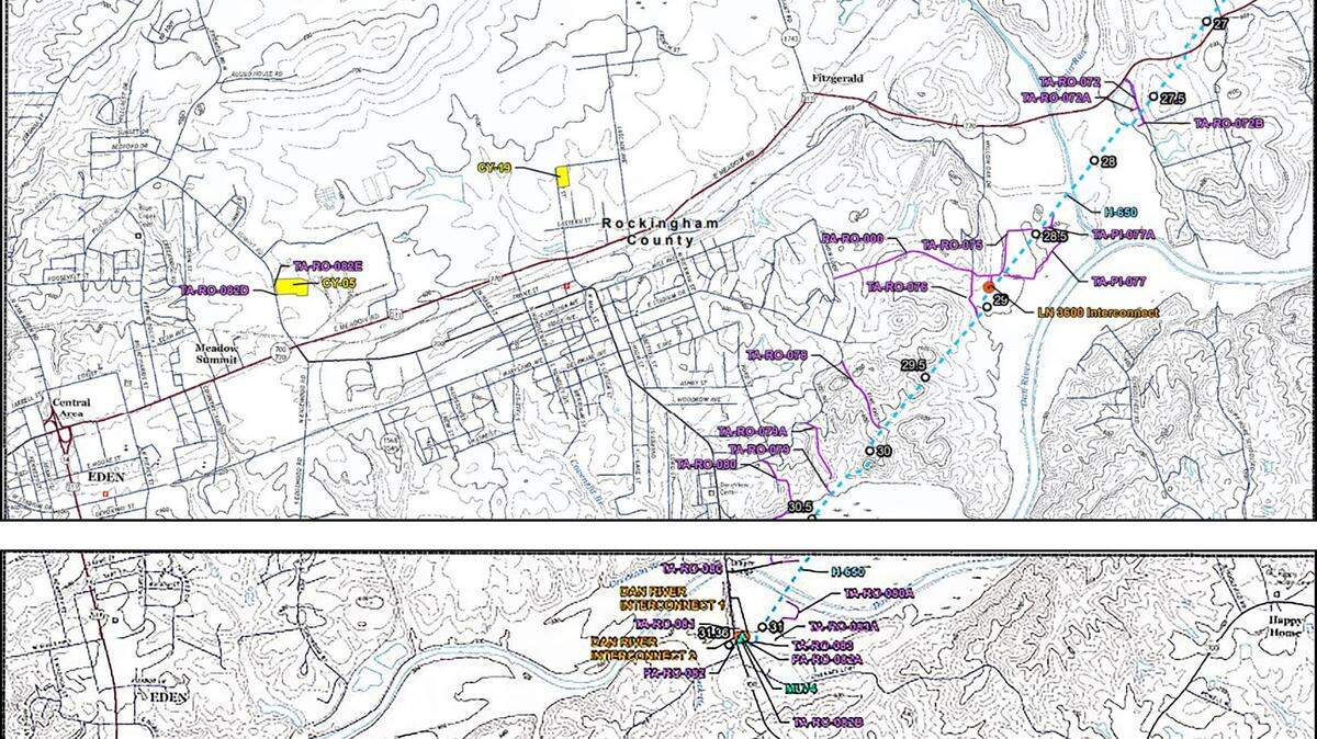 Mountain Valley Pipeline is asking the Federal Energy Regulatory Commission to approve a revamped version of its Southgate natural gas pipeline. The pipeline route, shown in blue dashes on these maps, would carry 550,000 dekatherms of natural gas a day that would supply Duke Energy Carolinas and Enbridge, formerly Dominion Energy