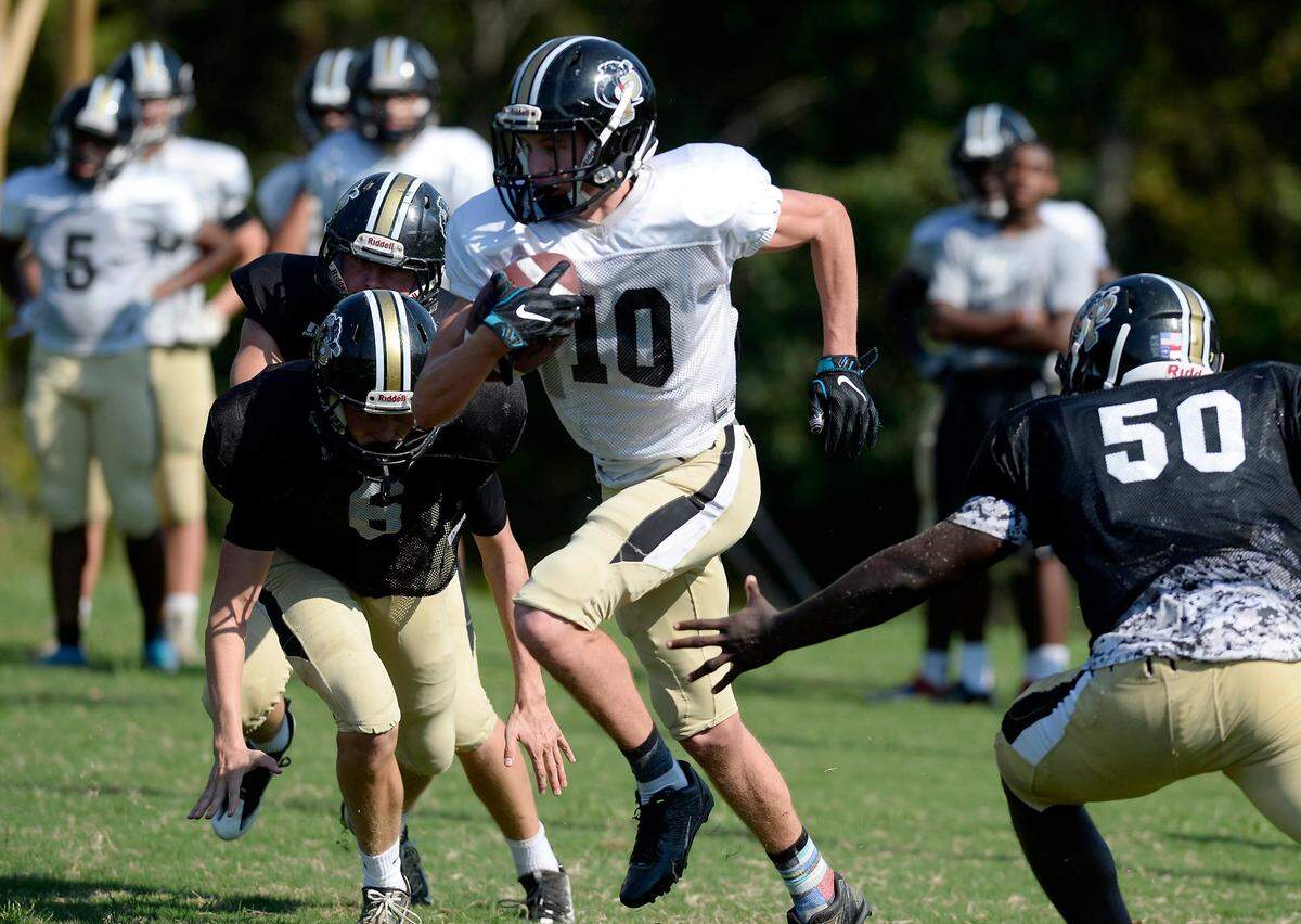 Providence High’s Blake Proehl, heads upfield after a reception during practice on on Wednesday, September 7, 2016. Proehl, who now plays at ECU, is the son of Carolina Panthers coach and former player Ricky Proehl, and one of several area players whose fathers played in the NFL.