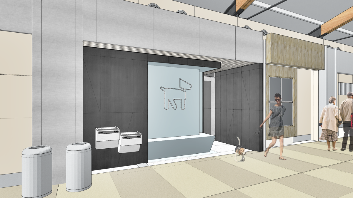 A rendering of the exterior of the Service Animal Relief Area that will be built in Terminal 2 at Raleigh-Durham International Airport by summer 2025.
