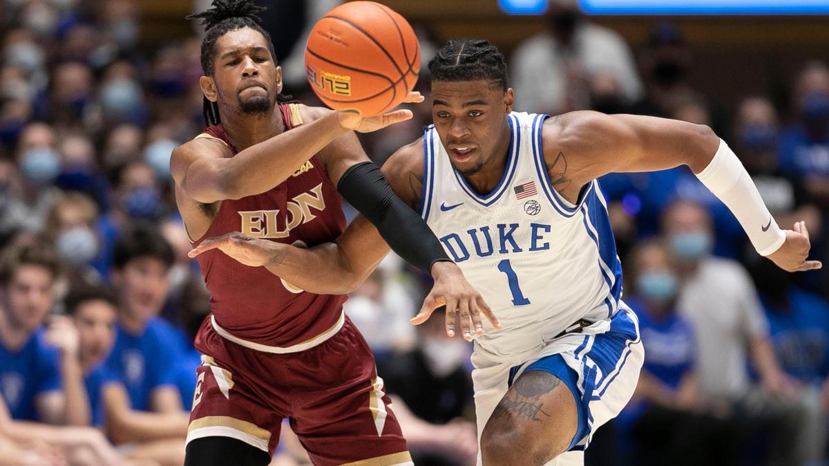 Duke’s Trevor Keels (1) forces a turnover by Elon’s Hunter McIntosh (0) during the first half on Saturday, December 18, 2021 at Cameron Indoor Stadium in Durham, N.C.