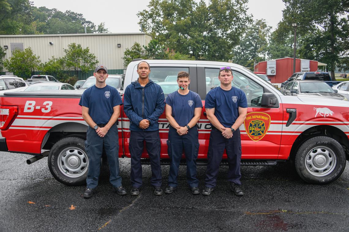 At least a dozen Durham Fire Department employees have shipped out to Western North Carolina to assist with Hurricane Helene recovery, including this four-person crew sent to Asheville on Monday, Sept. 30, 2024.