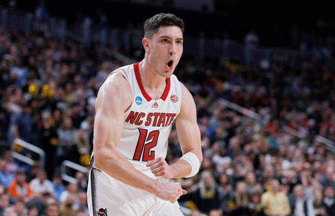 N.C. State’s Michael O’Connell reacts in the second half of the Wolfpack’s 79-73 overtime win in the second round of the NCAA Tournament on Saturday, March 23, 2024, at PPG Paints Arena in Pittsburgh, Pa.