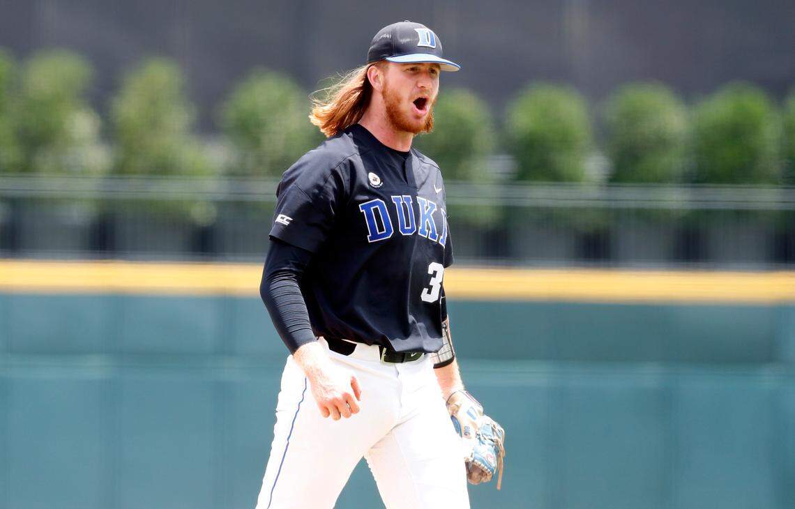 Duke’s Cooper Stinson (31) celebrates after ending the inning on a strikeout during N.C. State’s game against Duke in the ACC Baseball Championship at Truist Field in Charlotte, N.C., Sunday, May 30, 2021.