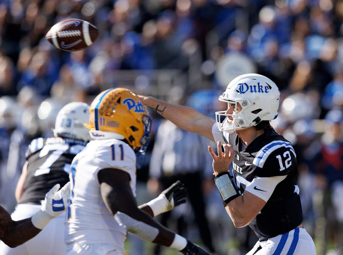 Duke’s Grayson Loftis throws a pass during the first half of the Blue Devils’ game against Pittsburgh on Saturday, Nov. 25, 2023, at Wallace Wade Stadium in Durham, N.C.