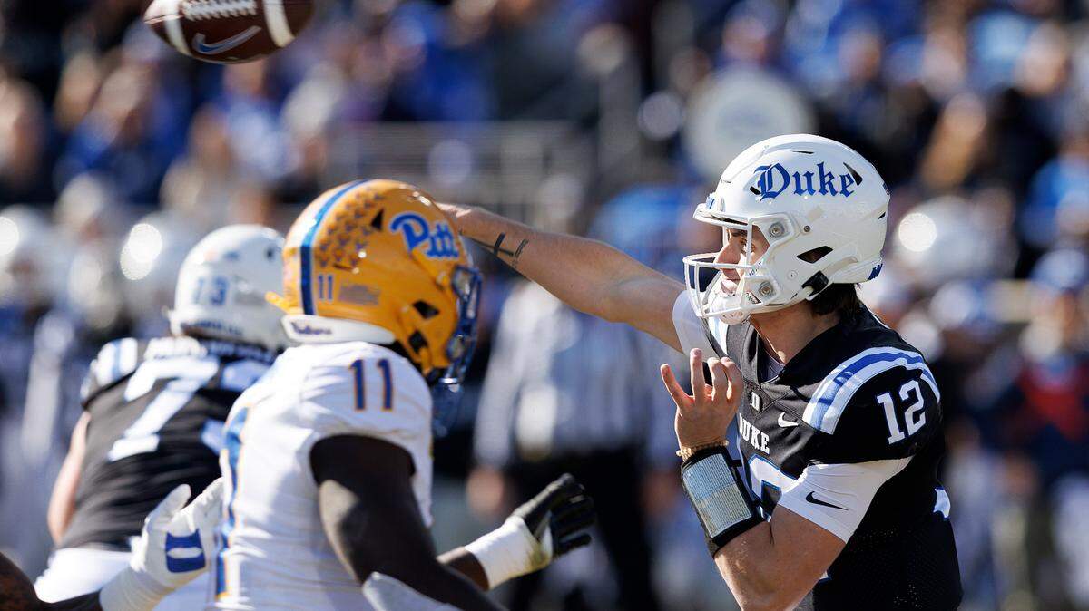 Duke’s Grayson Loftis throws a pass during the first half of the Blue Devils’ game against Pittsburgh on Saturday, Nov. 25, 2023, at Wallace Wade Stadium in Durham, N.C.