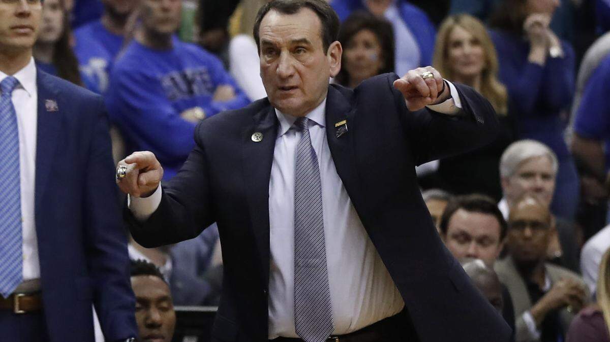 Duke head coach Mike Krzyzewski instructs his team during the second half of Michigan State’s 68-67 victory over Duke in their NCAA Elite 8 game in Washington, D.C., Sunday, March 31, 2019.