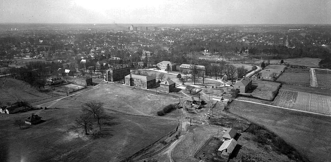 An 1947 aerial photo of the campus of St. Augustine’s College, looking southwest toward downtown Raleigh.