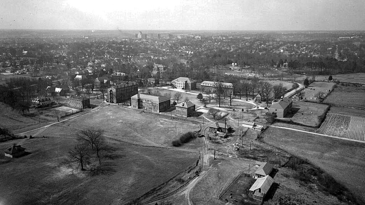 An 1947 aerial photo of the campus of St. Augustine’s College, looking southwest toward downtown Raleigh.