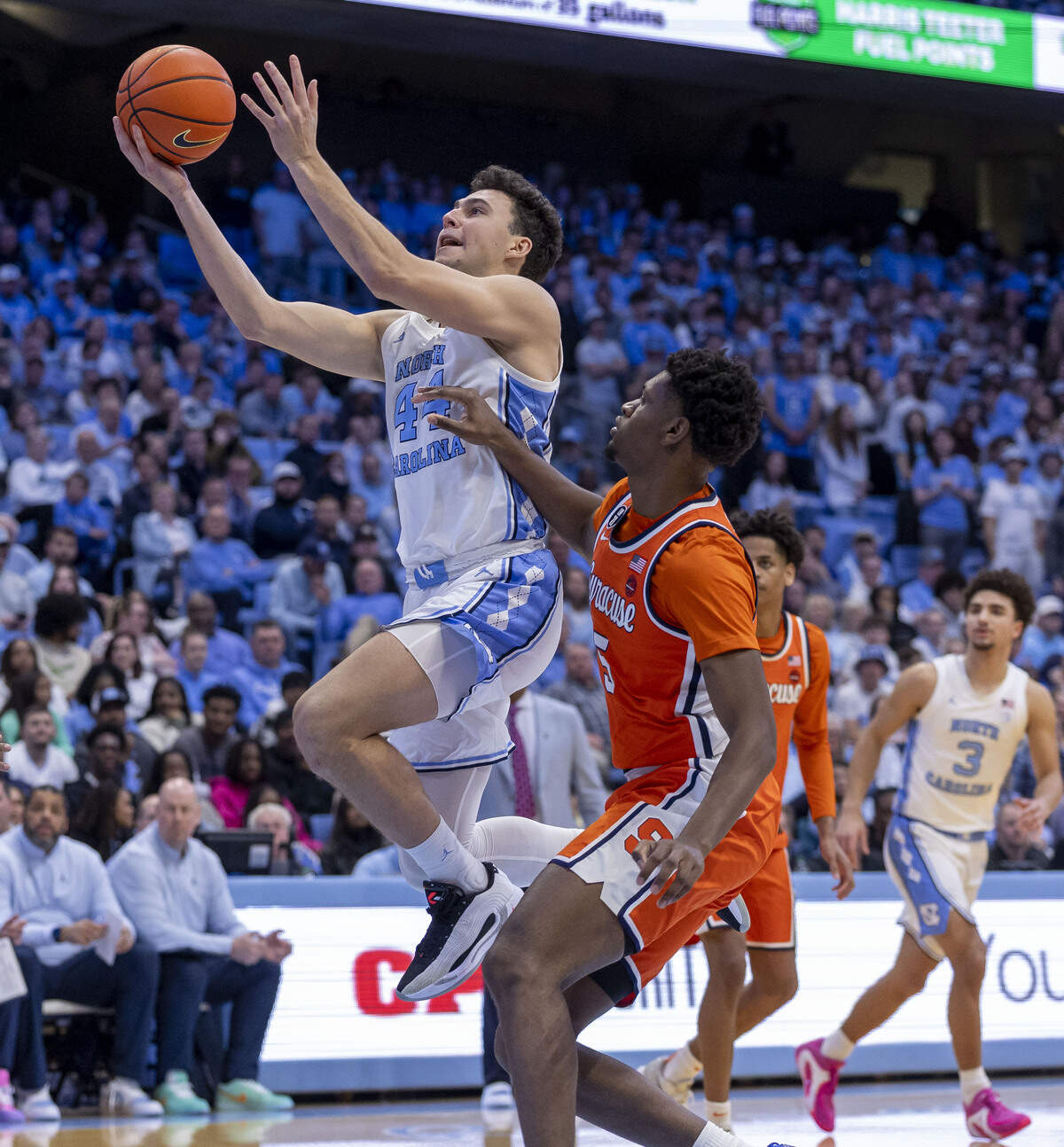 North Carolina guard Luka Bogavac (44) drives to the basket against Syracuse forward Tyler Betsey (5) in the second half on Monday, February 2, 2026 at the Smith Center in Chapel Hill, N.C.